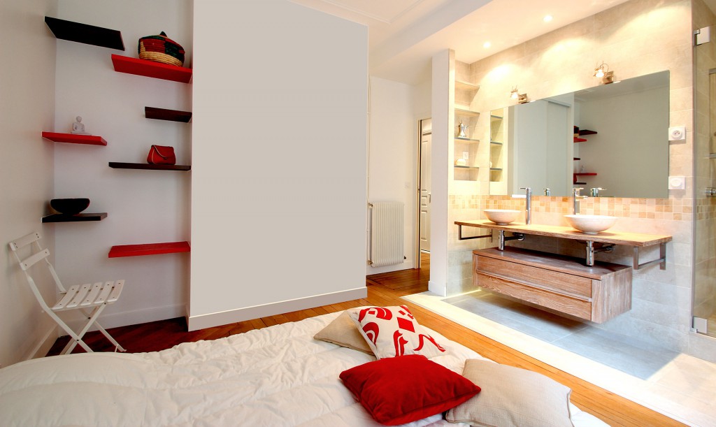 salle de bain ouverte sur chambre mobilier sur mesure agence avous