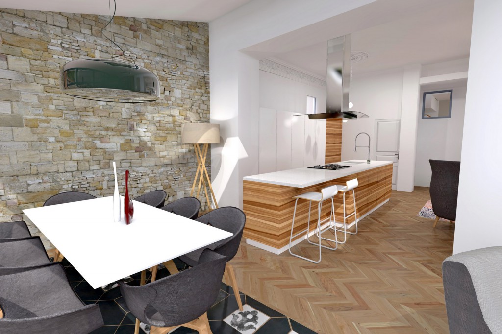 cuisine ouverte mur en pierre agence avous
