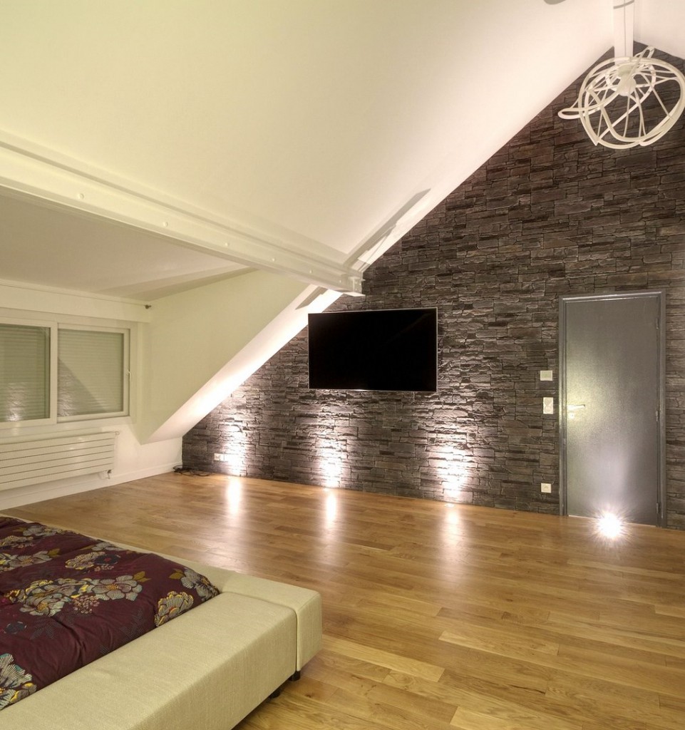 maison renovation luxe chambre parement pierre noir agence avous